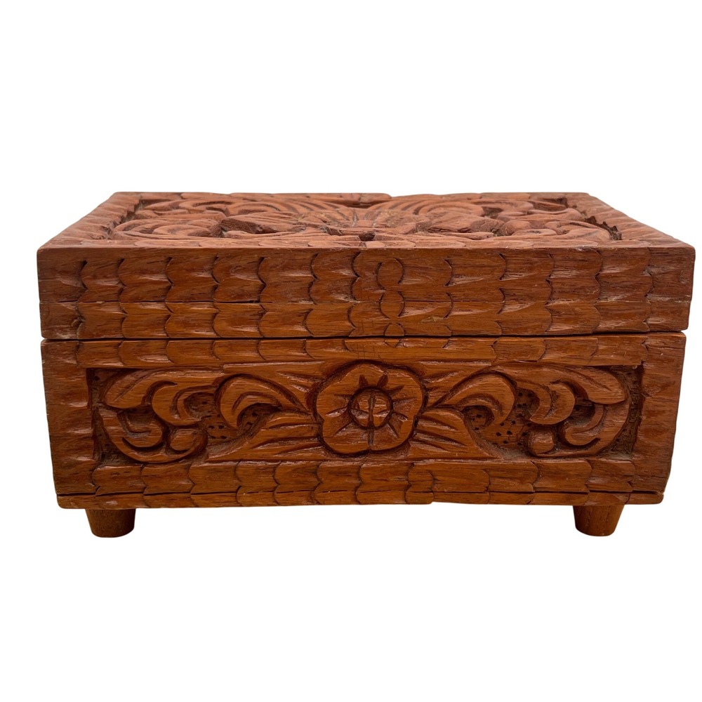 Vintage Hand Carved Floral Wood Jewelry Trinket Box Red Felt Lined Footed 6.5"